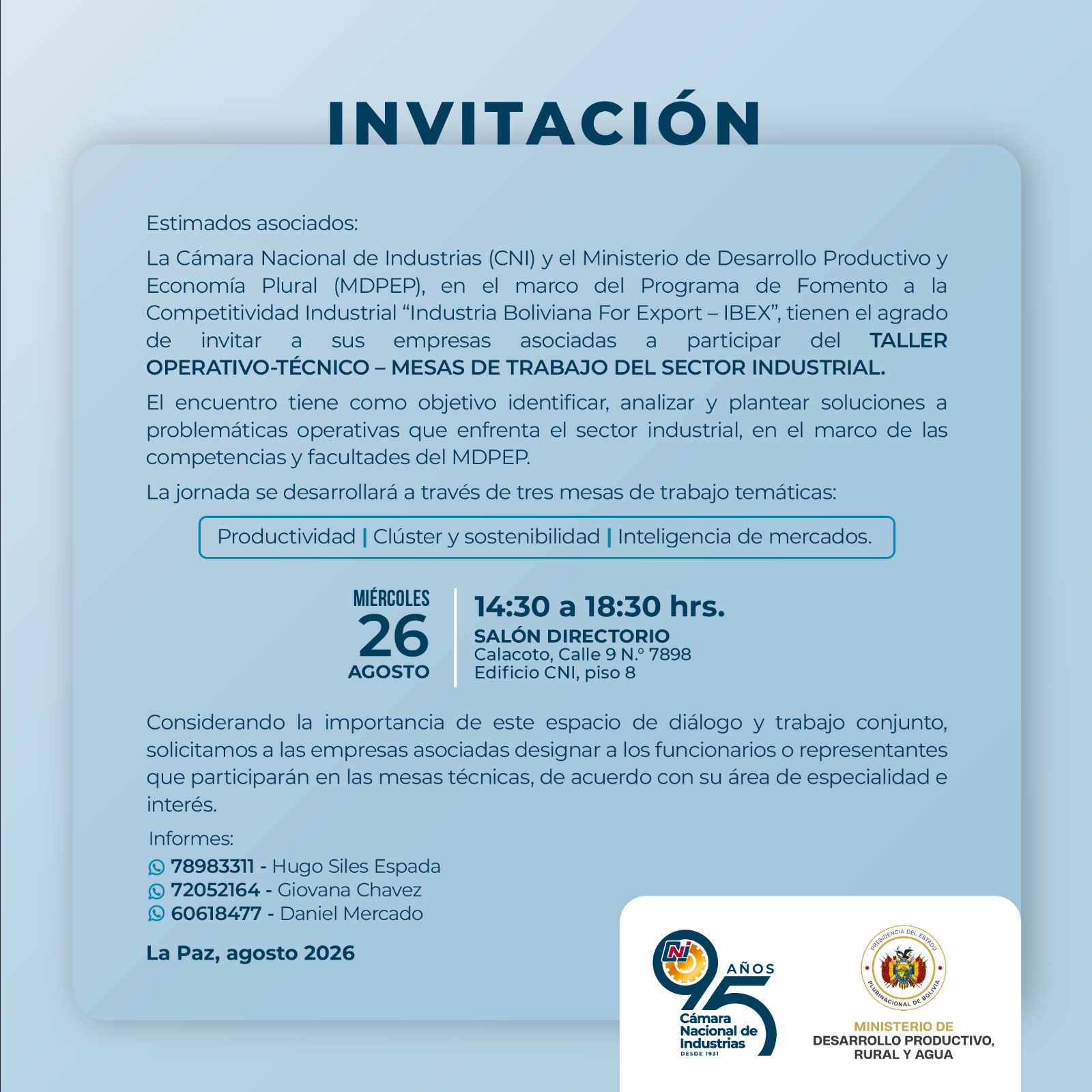 TALLER OPERATIVO TÉCNICO MESAS DE TRABAJO DEL SECTOR INDUSTRIAL